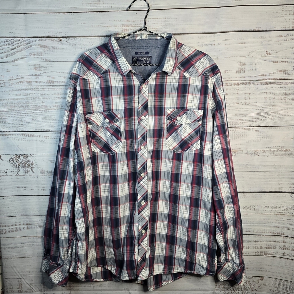 American Rag Red/Blue Plaid Button-Up Casual ‎ Shirt XXL